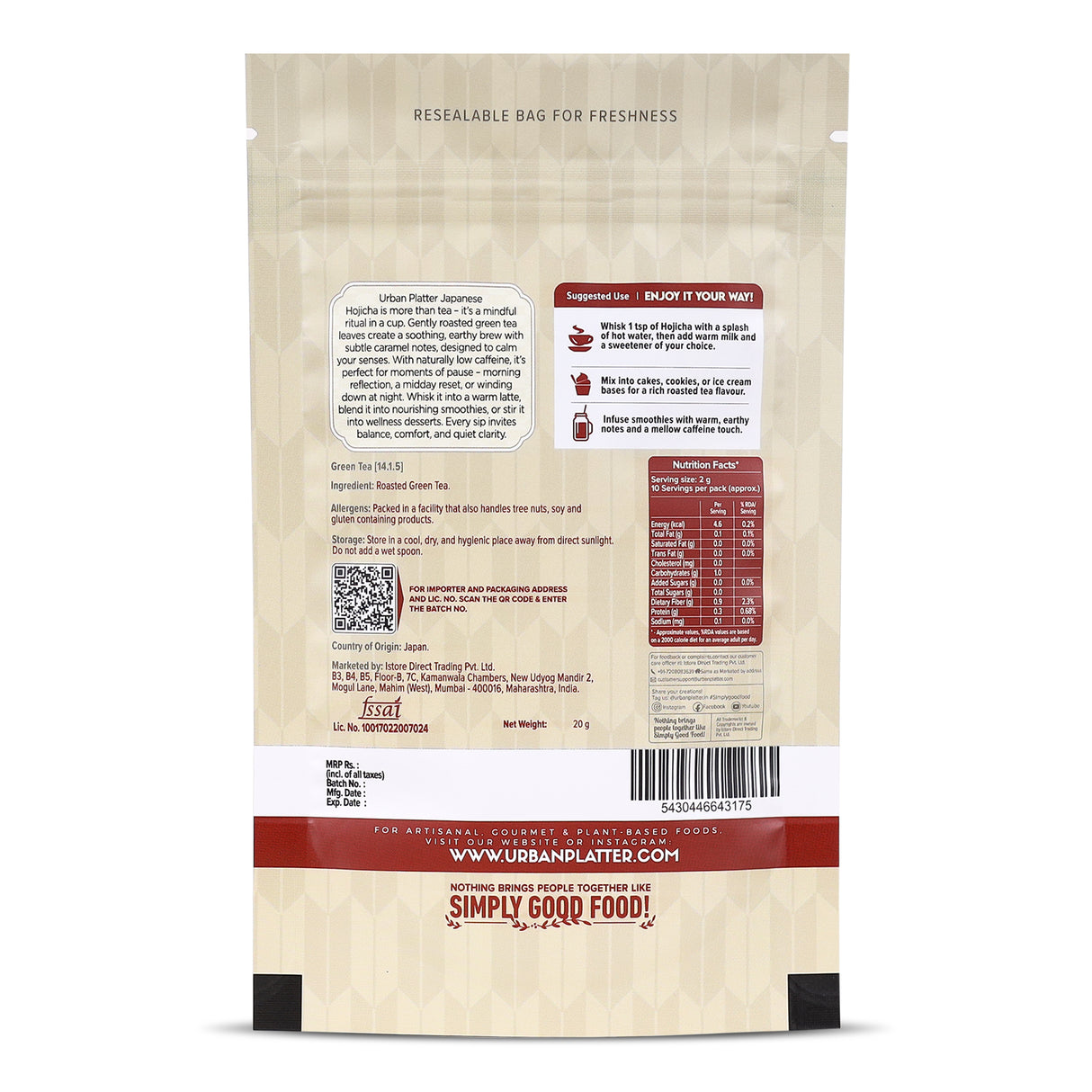 Urban Platter Japanese Hojicha Green Tea, 20g (Low Caffeine, Roasted Green tea, Coarsely Ground for the perfect brew.)