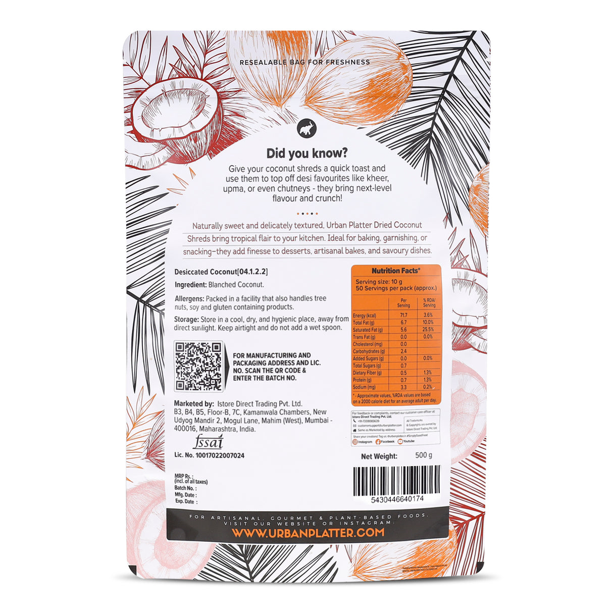 Urban Platter Dried Coconut Shreds, 500g (Long Flakes | Unsweetened | For Toppings, Baking & Snacking)