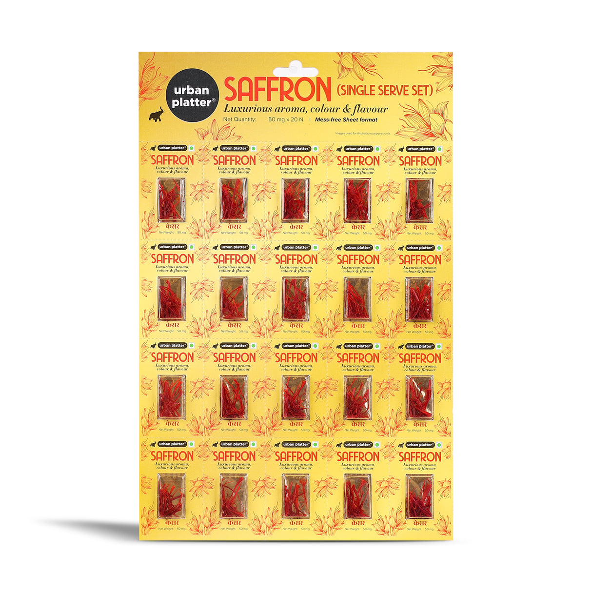 Urban Platter Kashmiri Mongra Saffron Single-Serve Set, 1gm (50mg x 20N) (Grade A | Pre-Portioned Single-Use Packs | Rich Aroma & Flavour)