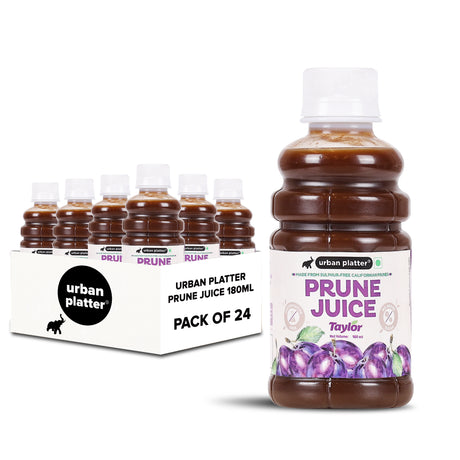 Urban Platter Pure California Prune Juice, 180ml, Pack of 24 (No Added Sugar | Natural Digestive Support | Source of Antioxidants & Potassium | Preservative-Free) - front pack