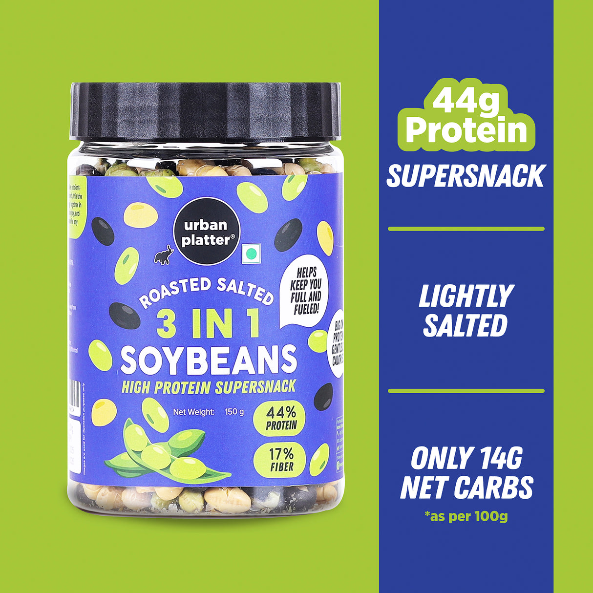 Urban Platter Roasted Salted 3-in-1 Soybean, 150g (46% Protein, 17% Fiber, Lightly Salted Green Edamame, Black & White Soybean, Highest Plant Protein Supersnack)