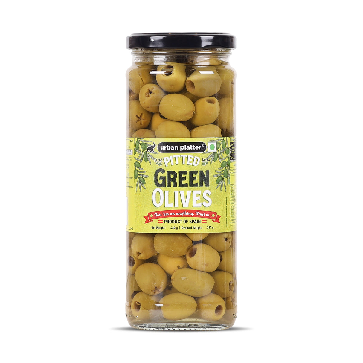 Urban Platter Pitted Green Spanish Olives, 430g  (Whole & Seedless | Crisp & Tangy Mediterranean Flavour | Great for Salads, Mezze, Sandwiches & Snacking)