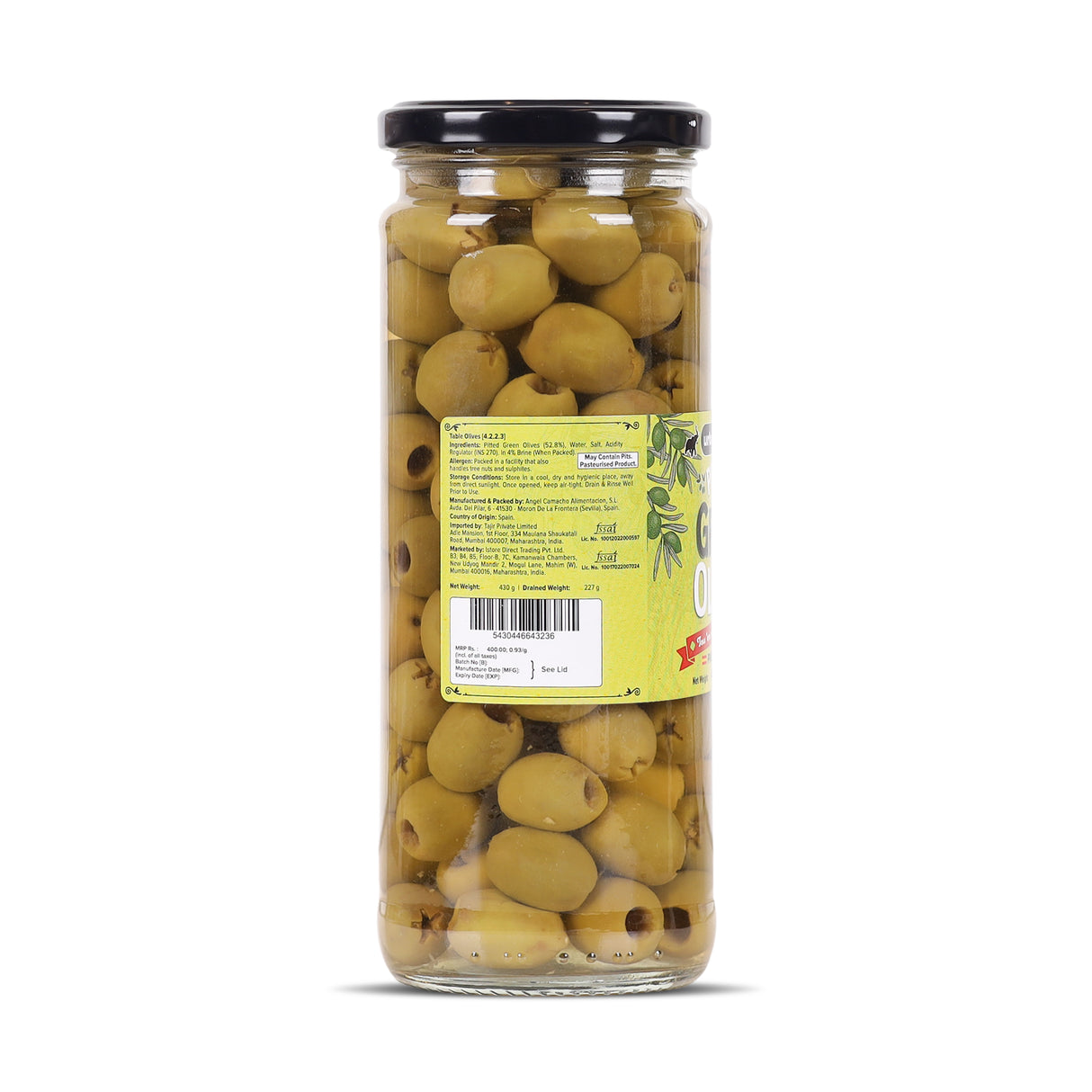 Urban Platter Pitted Green Spanish Olives, 430g  (Whole & Seedless | Crisp & Tangy Mediterranean Flavour | Great for Salads, Mezze, Sandwiches & Snacking)
