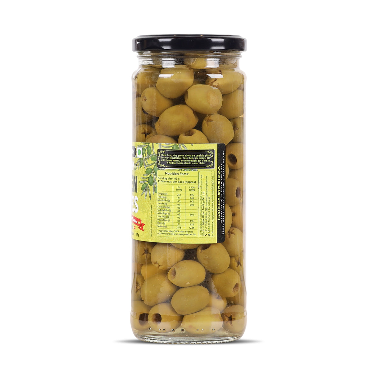 Urban Platter Pitted Green Spanish Olives, 430g  (Whole & Seedless | Crisp & Tangy Mediterranean Flavour | Great for Salads, Mezze, Sandwiches & Snacking)