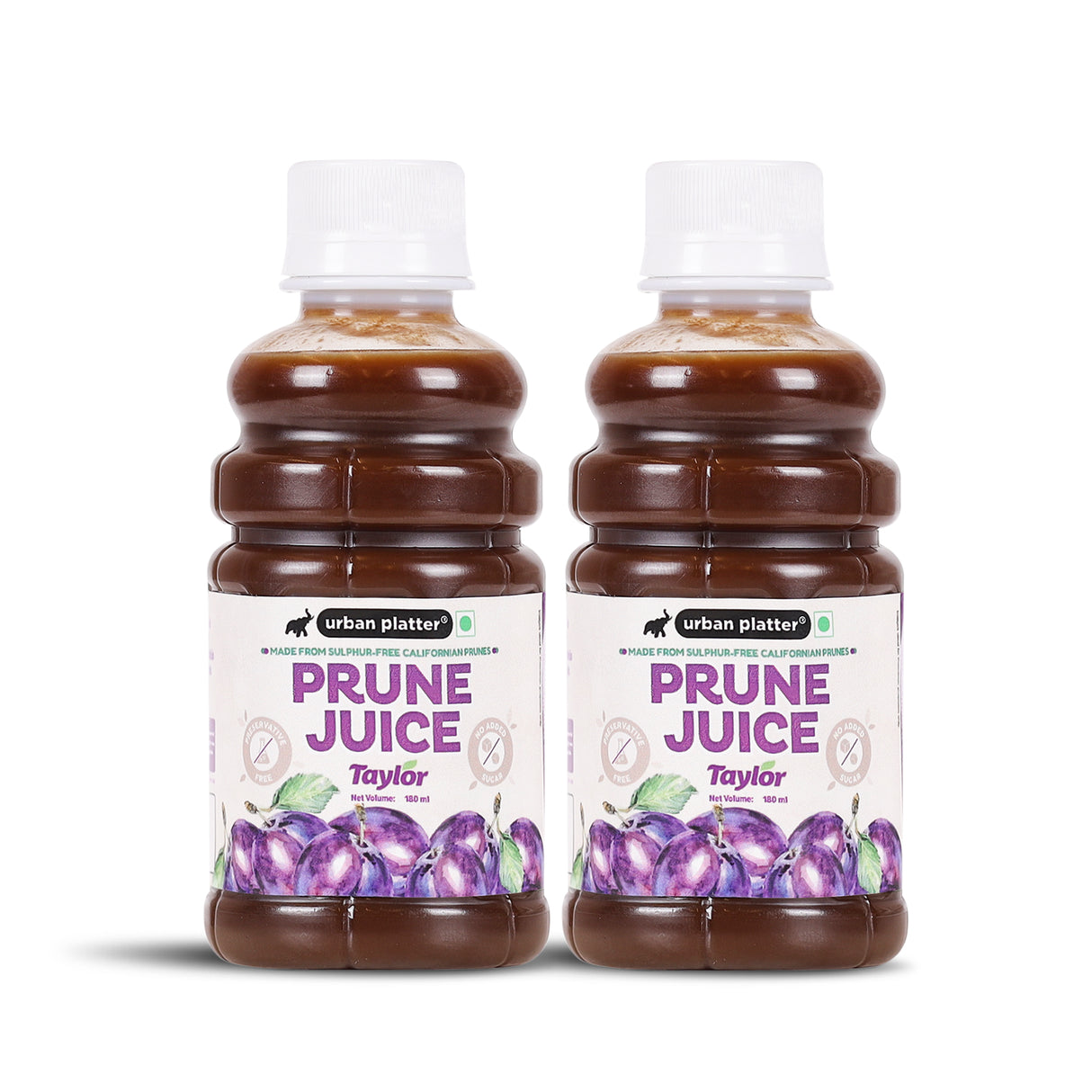 Urban Platter Pure California Prune Juice, 180ml, Pack of 2 (No Added Sugar | Natural Digestive Support | Source of Antioxidants & Potassium | Preservative-Free) - front pack