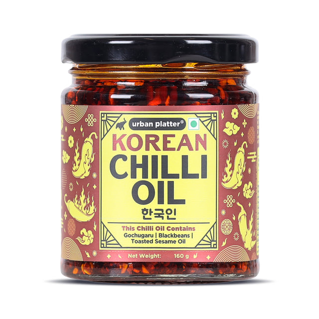 Urban Platter Korean Chilli Oil, 160g (Made with Korean Chilli Flakes | Bold, Balanced Heat | Perfect for Ramyeon, Dumplings, Rice & Korean Cooking) - front pack
