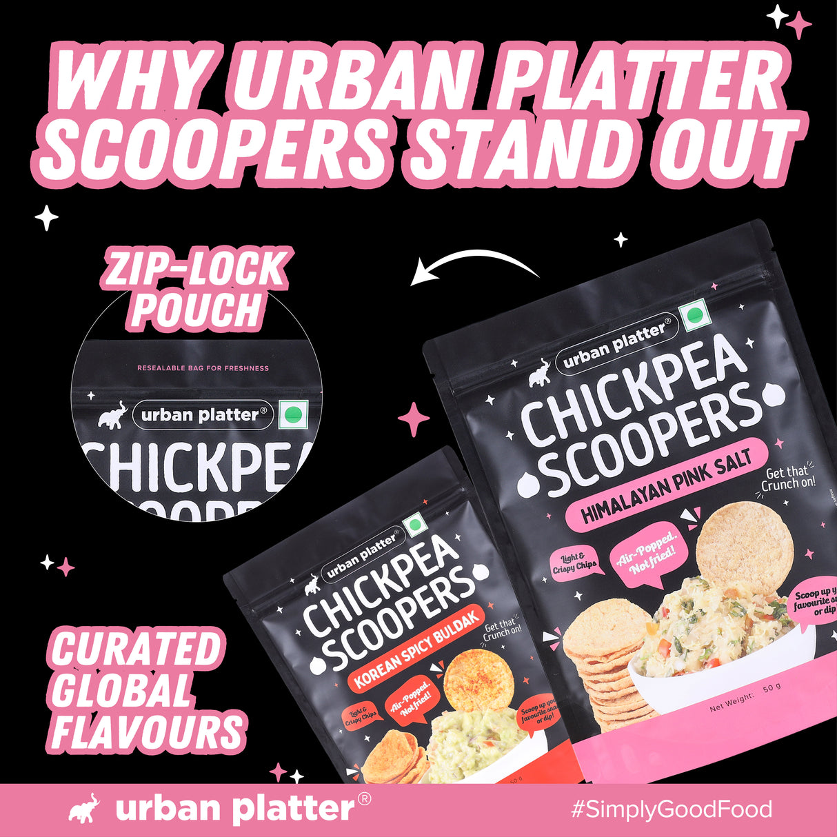 Urban Platter Chickpea Scoopers - Himalayan Pink Salt, 50g (Popped Chips | Lightly Salted | Air Popped, Not Fried) - product image 7