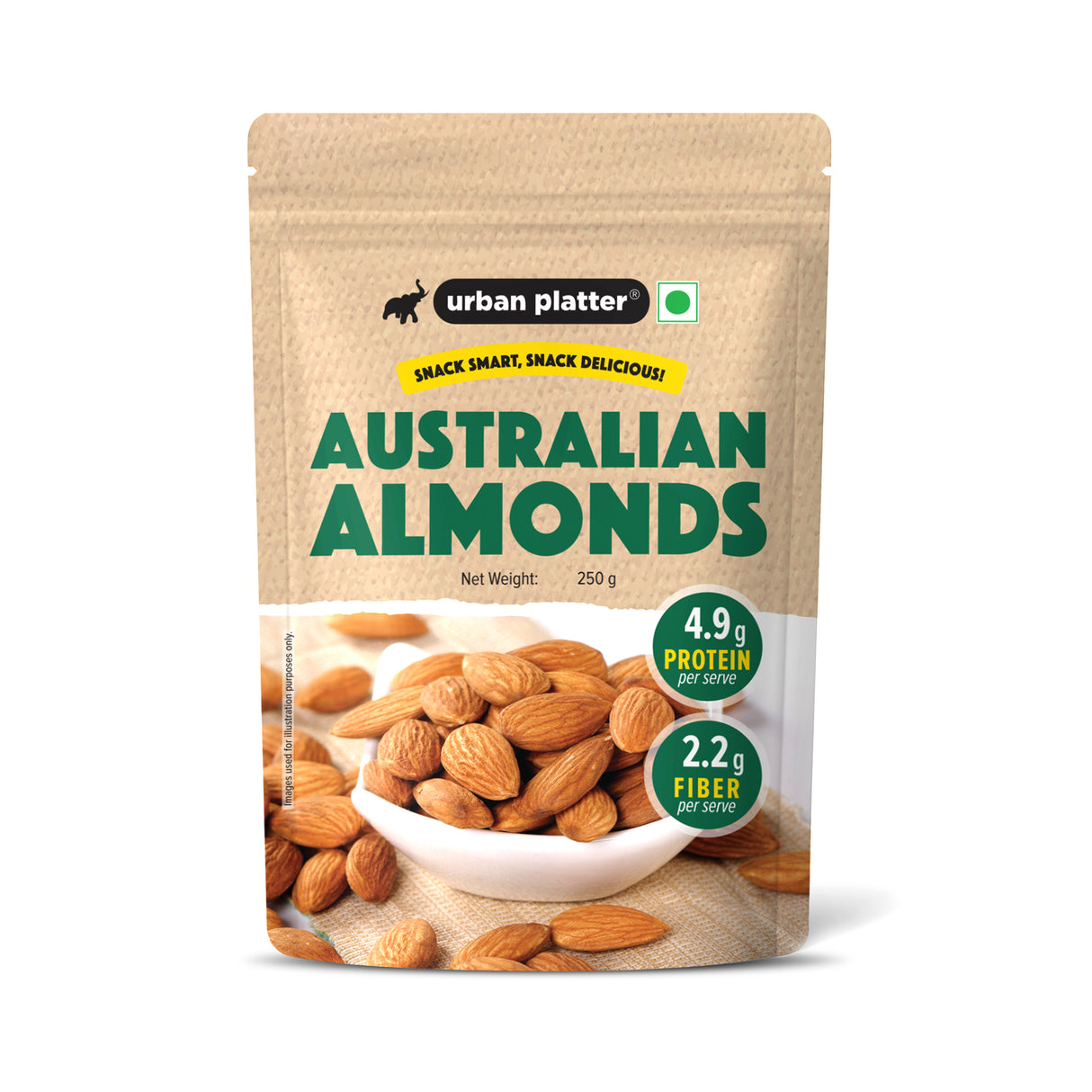Urban Platter Australian Almonds, 250g (Fresh, Crunchy, Carefully Sourced for Daily Wellness) - front pack
