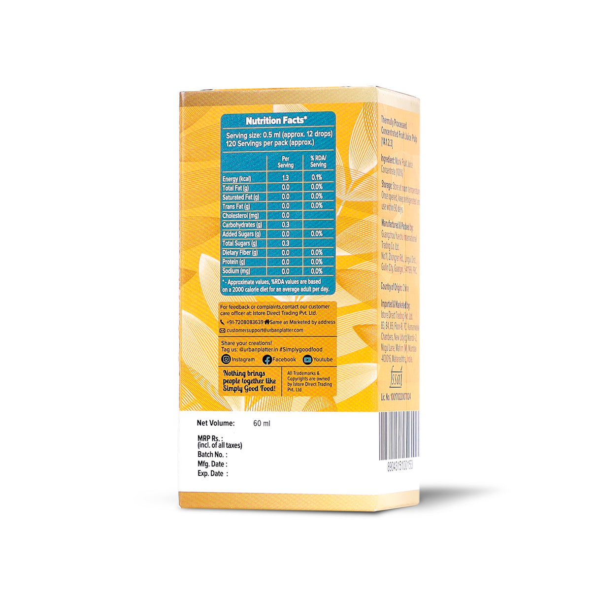 Urban Platter Monk Fruit Juice Concentrate 60ml ( 100% Fruit Based, Clean Label, No-Erythritol, Everyday Use Sweetener)