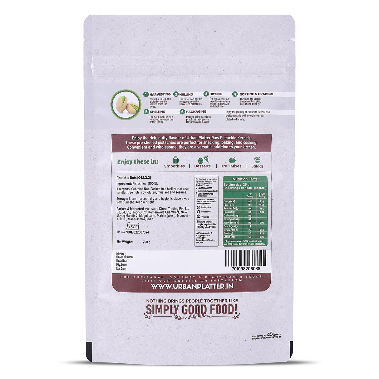 Urban Platter Pistachio Kernels, 250g (Shell Removed Pista | Unroasted and Unsalted | fibre & Protein-Rich | Heart-Healthy Snack)
