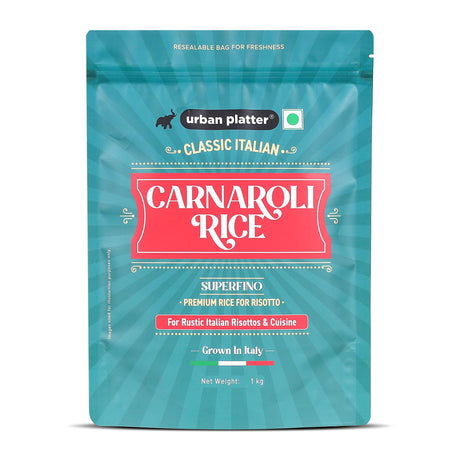 Urban Platter Carnaroli Rice, 1Kg (Product of Italy, Italian Carnaroli Rice for Risottos, Arancini, and Rustic preparations, Vacuum Packed for Freshness and Quality) - front pack
