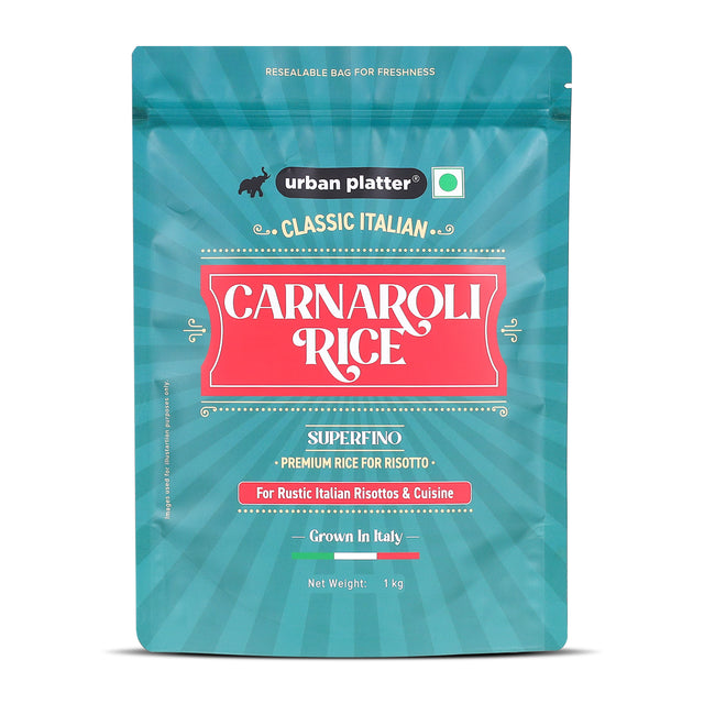 Urban Platter Carnaroli Rice, 1Kg (Product of Italy, Italian Carnaroli Rice for Risottos, Arancini, and Rustic preparations, Vacuum Packed for Freshness and Quality) - front pack