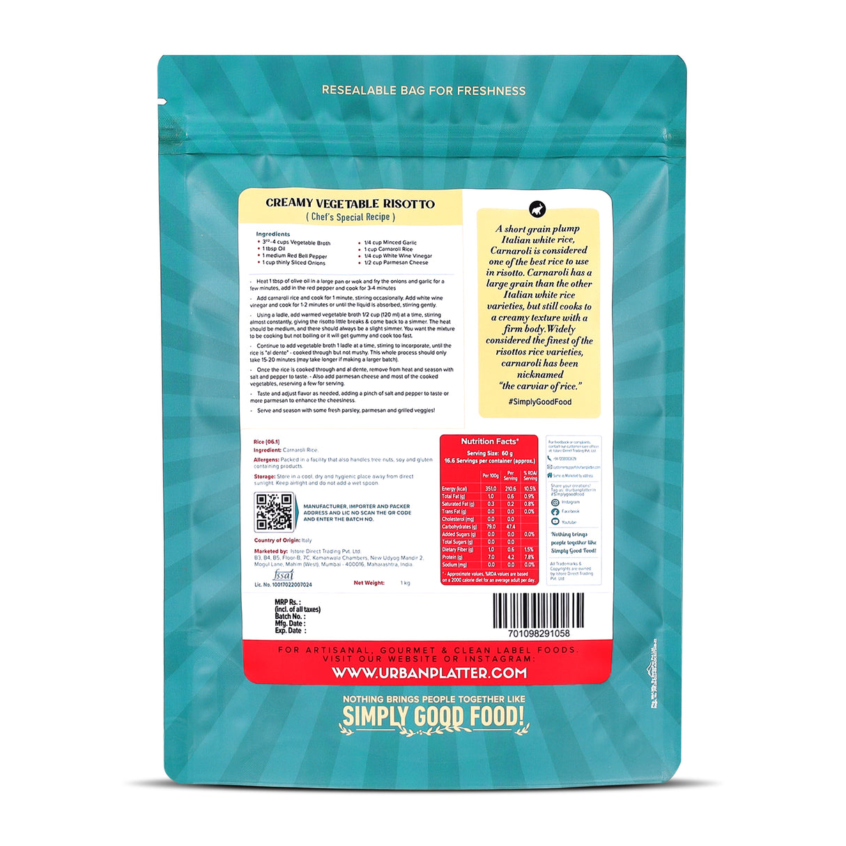 Urban Platter Carnaroli Rice, 1Kg (Product of Italy, Italian Carnaroli Rice for Risottos, Arancini, and Rustic preparations, Vacuum Packed for Freshness and Quality) - product i...