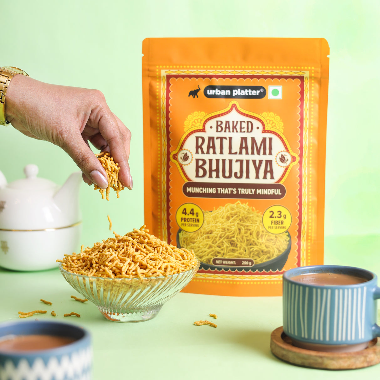 Urban Platter Ratlami Baked Bhujiya, 200g (Better-For-You Snack with 4.4g Protein & 2.3g Fiber per Serve; Baked Not Fried)