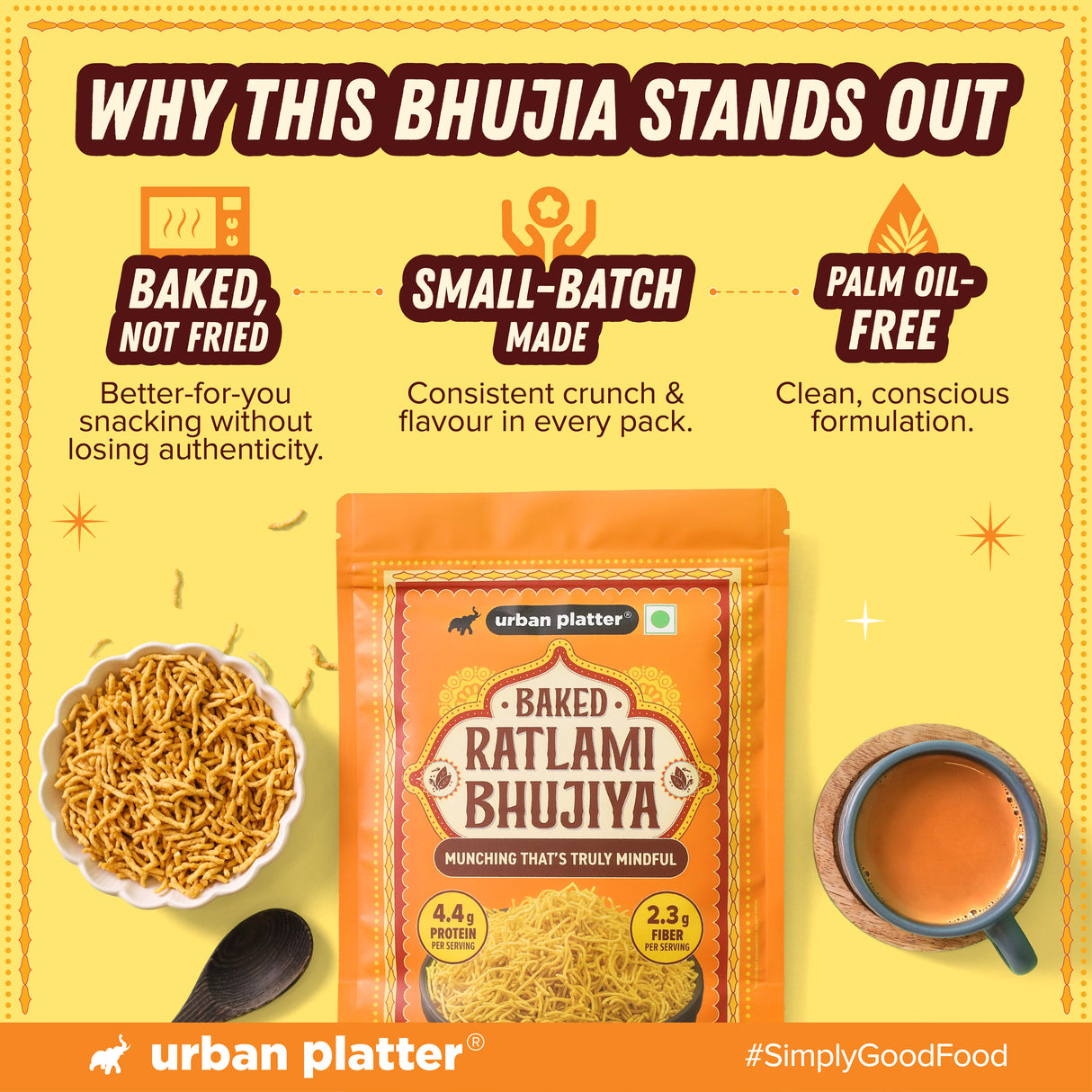 Urban Platter Ratlami Baked Bhujiya, 200g (Better-For-You Snack with 4.4g Protein & 2.3g Fiber per Serve; Baked Not Fried)
