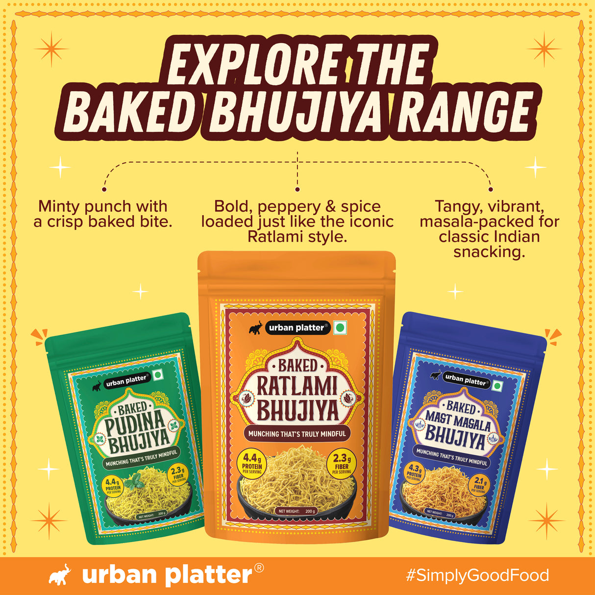 Urban Platter Ratlami Baked Bhujiya, 200g (Better-For-You Snack with 4.4g Protein & 2.3g Fiber per Serve; Baked Not Fried)