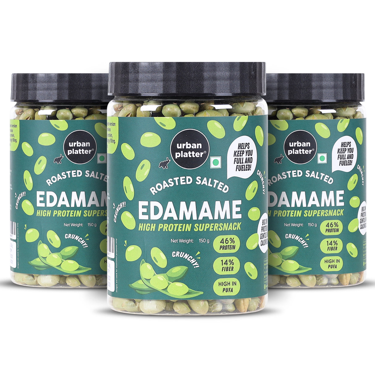 Urban Platter Roasted Salted Edamame, 150g, Pack of 3 (46% Protein, 17% Fiber, Lightly Salted Young Green Soybeans, Highest Plant Protein Supersnack)