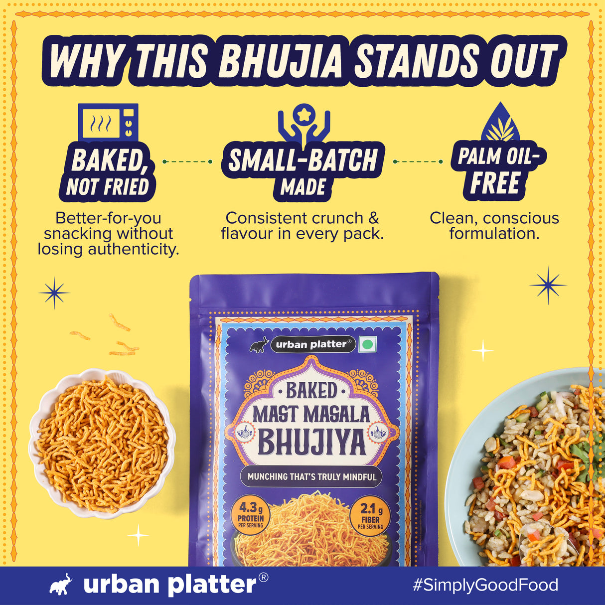 Urban Platter Mast Masala Baked Bhujiya, 200g (Better-For-You Snack with 4.3g Protein & 2.1g Fiber per Serve; Baked Not Fried)