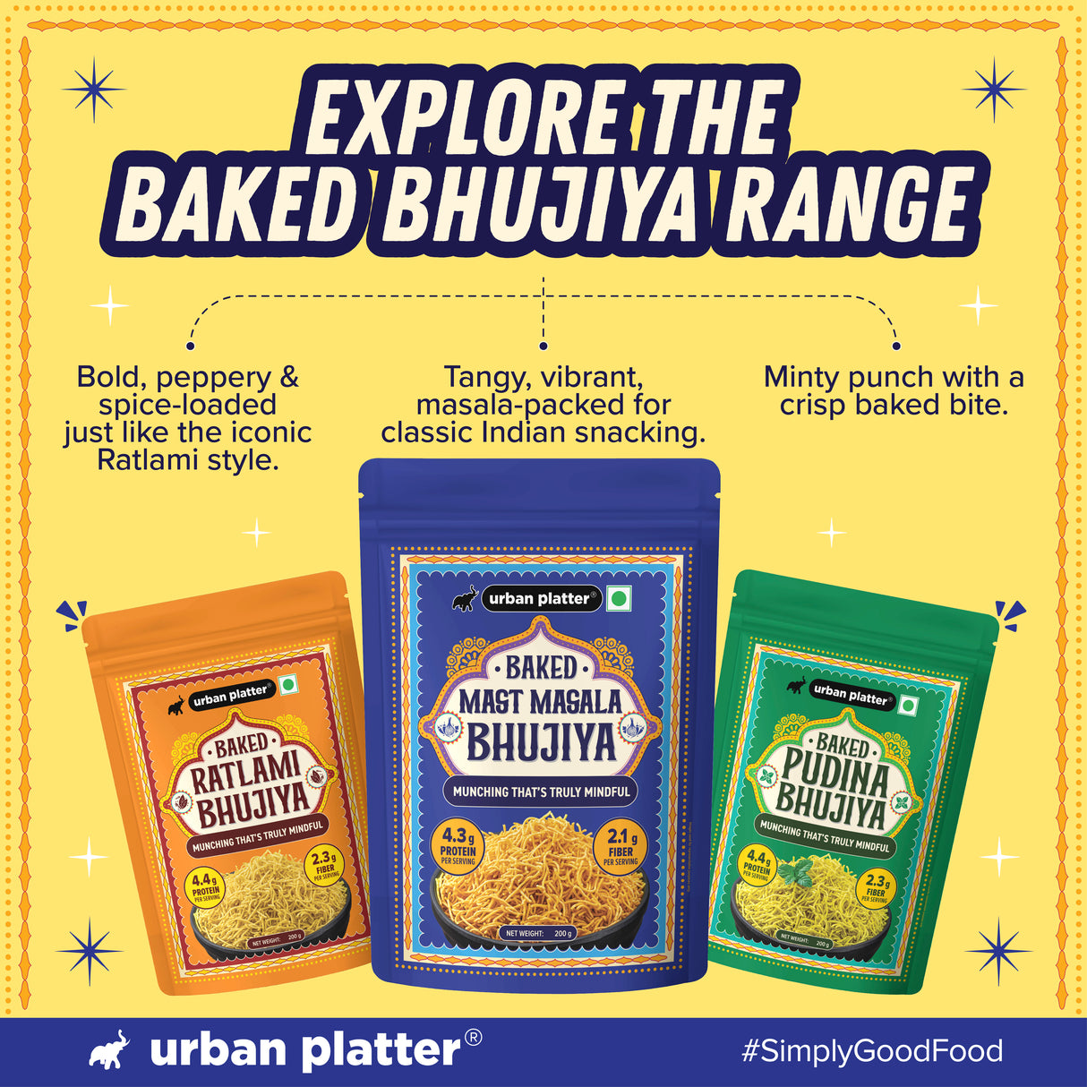 Urban Platter Mast Masala Baked Bhujiya, 200g (Better-For-You Snack with 4.3g Protein & 2.1g Fiber per Serve; Baked Not Fried)