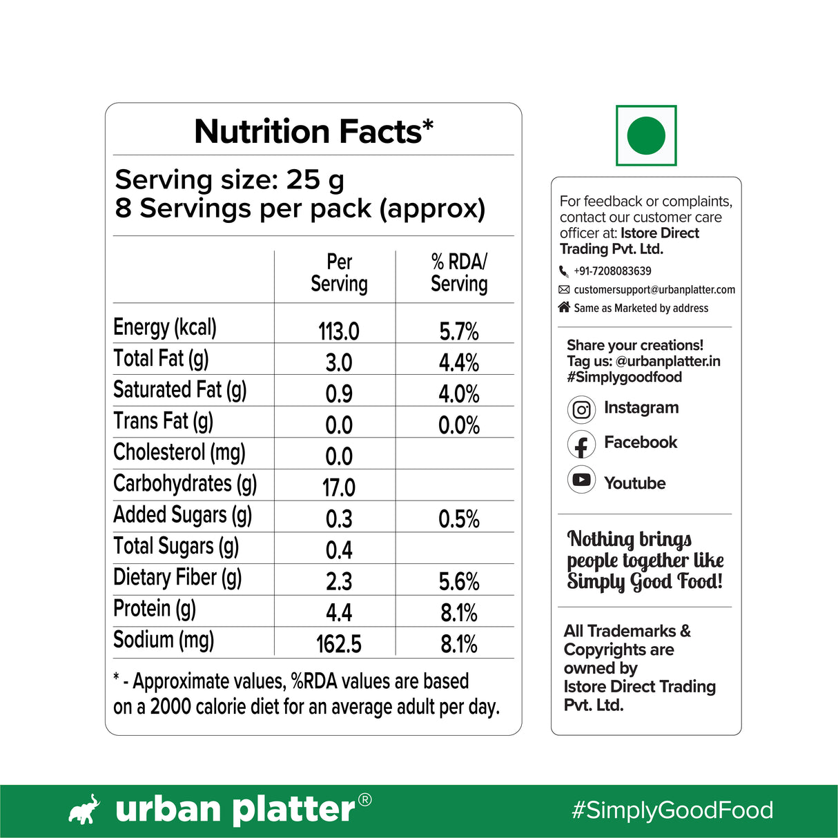 Urban Platter Pudina Baked Bhujiya, 200g (Better-For-You Snack with 4.4g Protein & 2.3g Fibre per Serve; Baked Not Fried)