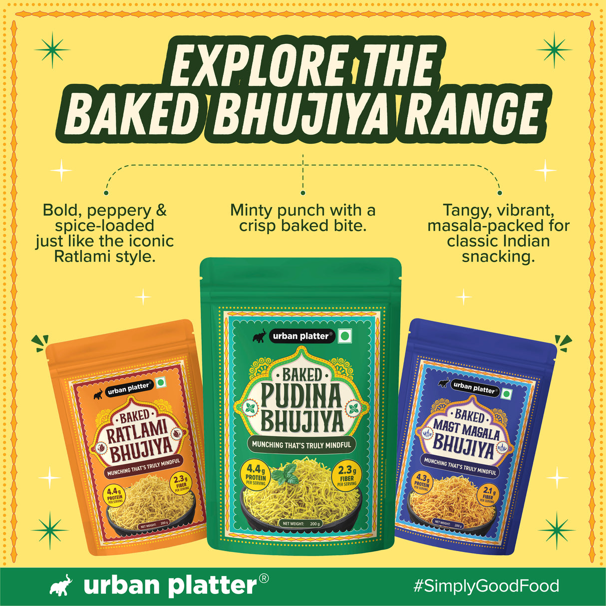Urban Platter Pudina Baked Bhujiya, 200g (Better-For-You Snack with 4.4g Protein & 2.3g Fibre per Serve; Baked Not Fried)