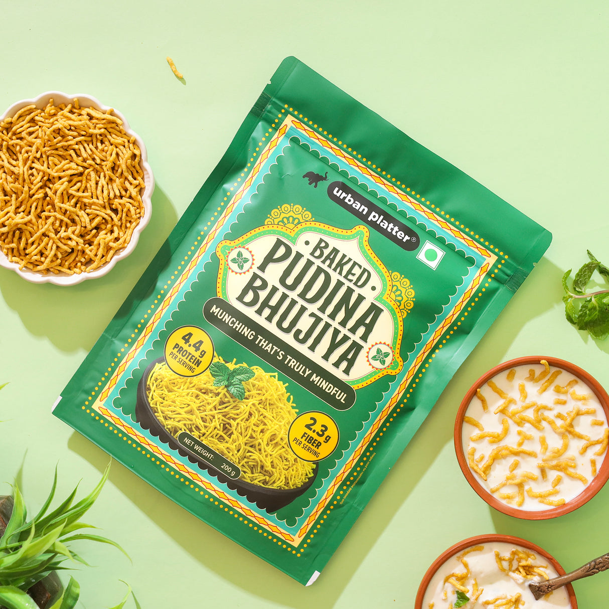 Urban Platter Pudina Baked Bhujiya, 200g (Better-For-You Snack with 4.4g Protein & 2.3g Fibre per Serve; Baked Not Fried)