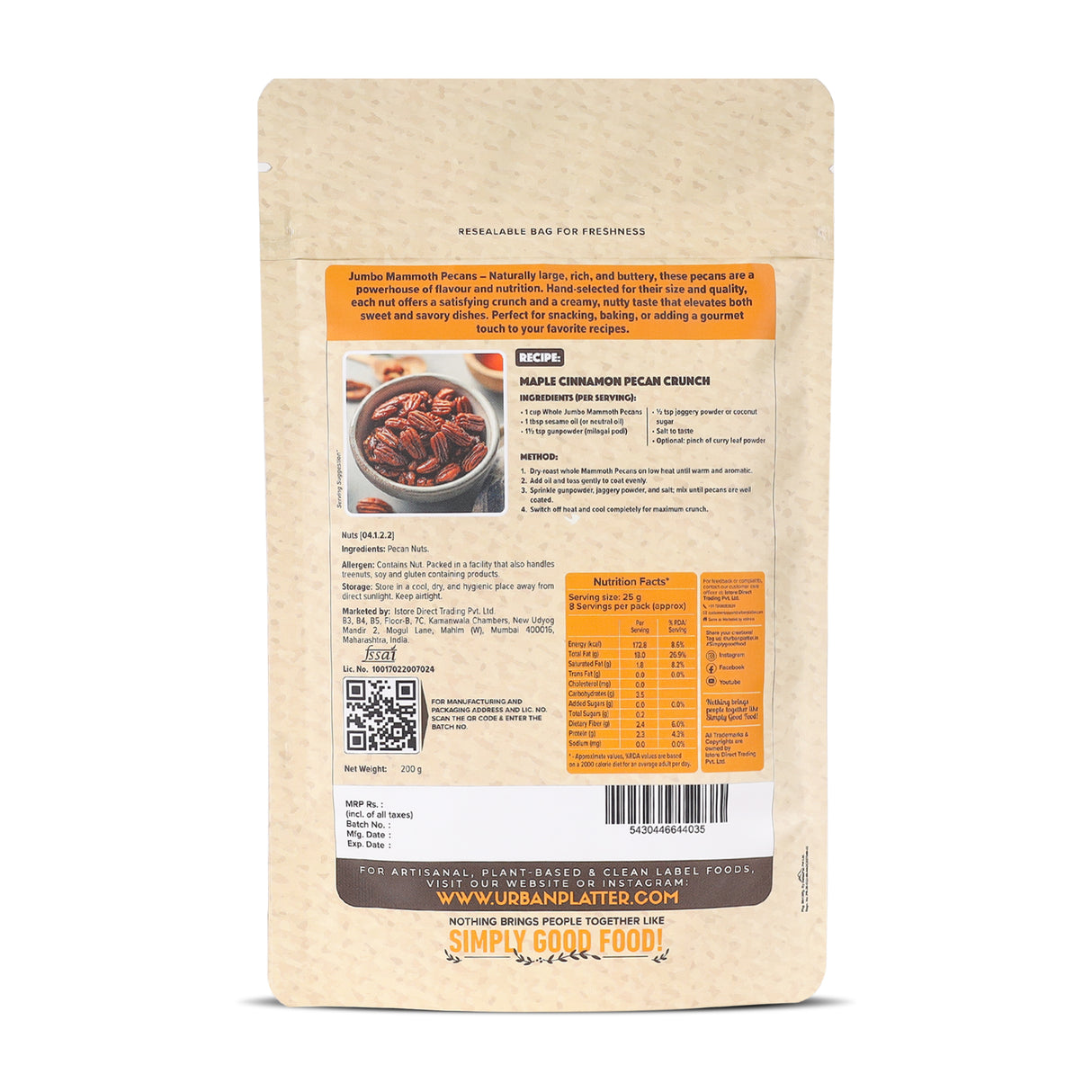 Urban Platter Jumbo Mammoth Pecan Halves, 200g (Imported from the USA | Hand-Sorted | Ideal for Snacking, Baking & Desserts)