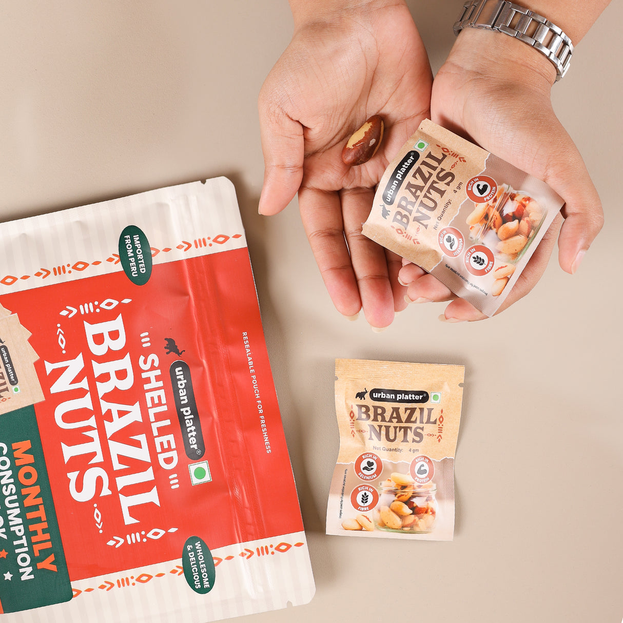 Urban Platter Brazil Nuts, 120g (Monthly Consumption Pack, Rich In Selenium, Have 1 Daily, 30 single serve brazil nut sachets)