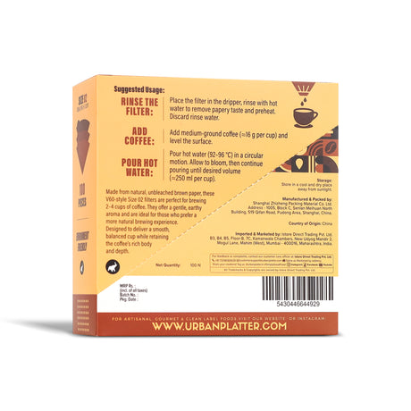 Urban Platter V60 Coffee Filter Paper, Brown, Size 02, 100 Pieces (Unbleached, Ideal for Pour Over Brewing, Biodegradable)