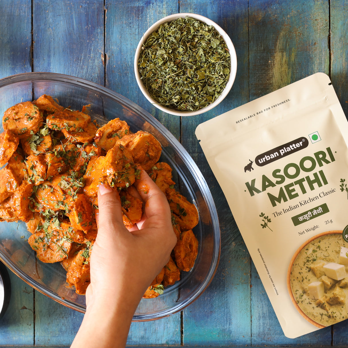 Urban Platter Kasoori Methi, 25g (Dried Fenugreek Leaves, Authentic Indian Herb, Finishing Spice for Curries & Dals)