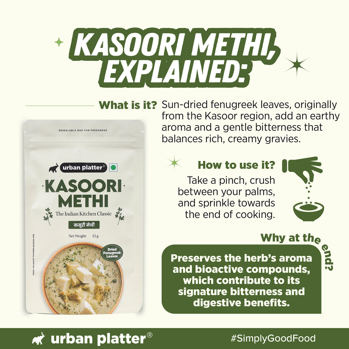 Urban Platter Kasoori Methi, 25g (Dried Fenugreek Leaves, Authentic Indian Herb, Finishing Spice for Curries & Dals)