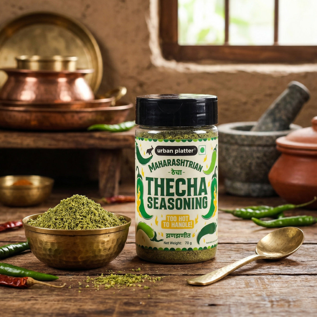 Urban Platter Thecha Seasoning, 70g (Authentic Maharashtrian Condiment, Bold Chilli, Garlic & Peanut Blend, Perfect for Fries, Pasta & Rice)