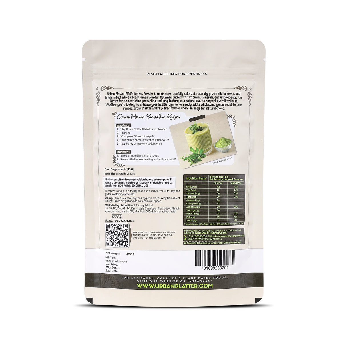 Urban Platter Alfalfa Grass Powder, 100g
