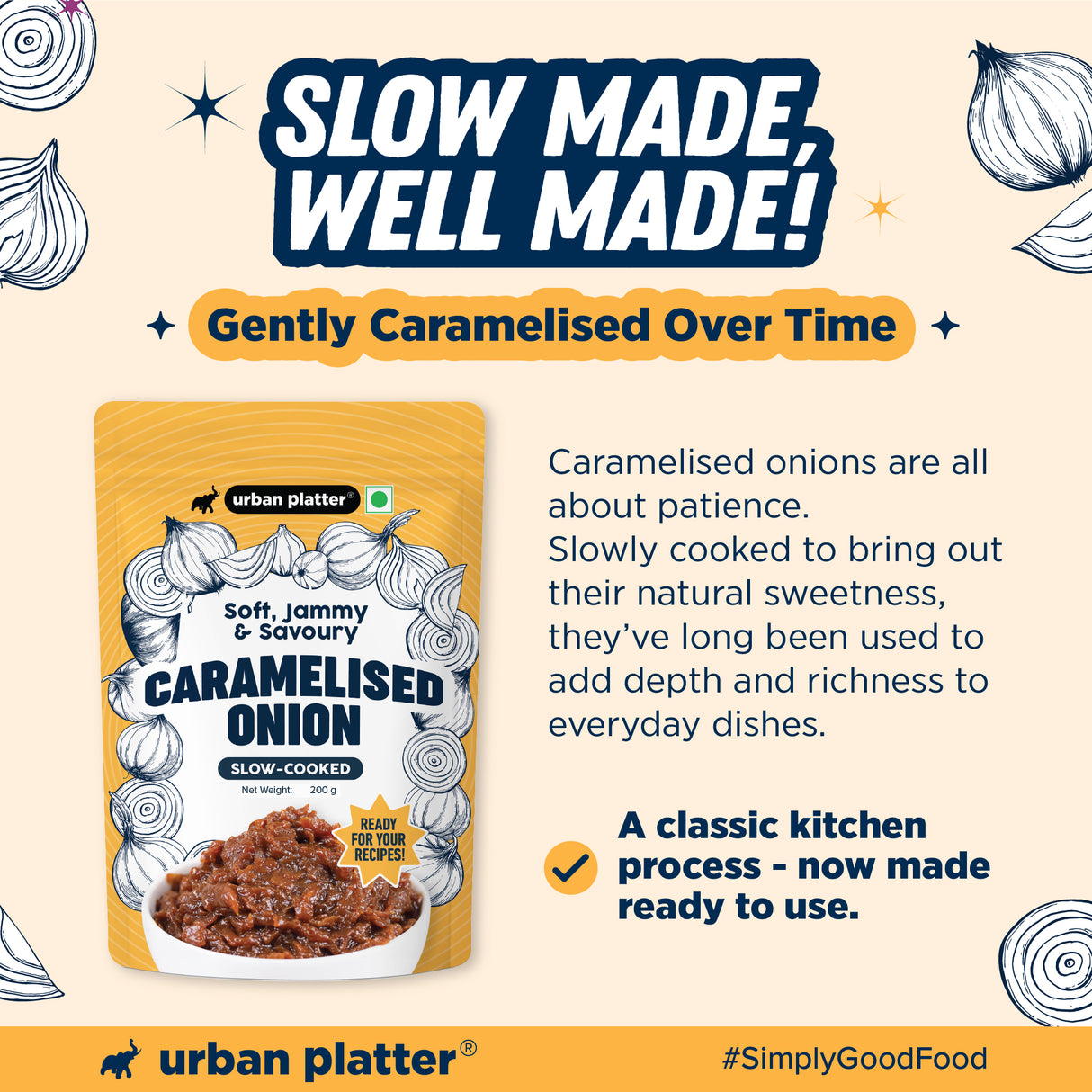 Urban Platter Caramelized Onion, 200g (Sweet-Savoury Onion Base for Pasta, Sandwiches, Gravies & Gourmet Cooking, Soft, Jammy & Slow Cooked.