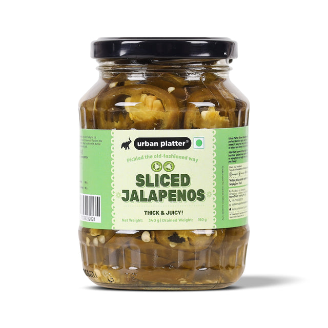 Urban Platter Sliced Jalapenos, 340g [ Tangy & Spicy, Great Topping for Pizza, Tacos, Nachos] - front pack