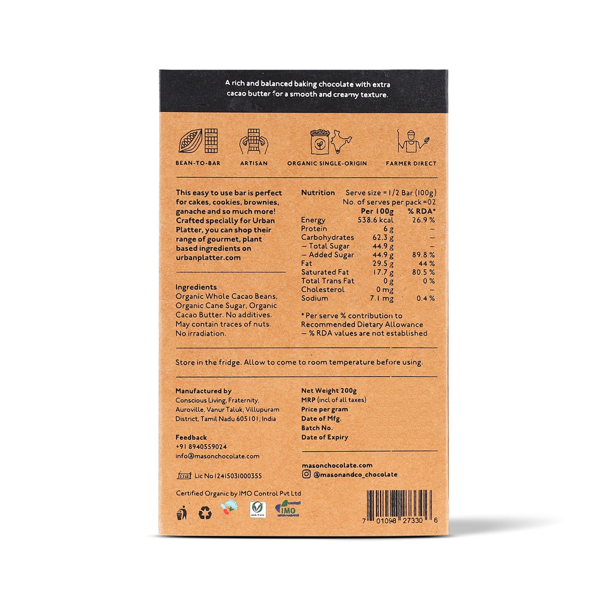 Urban Platter 55% Dark Chocolate Baking Couverture, 200g [Crafted By Mason & Co. Single Origin, Bean To Bar] - product image 2