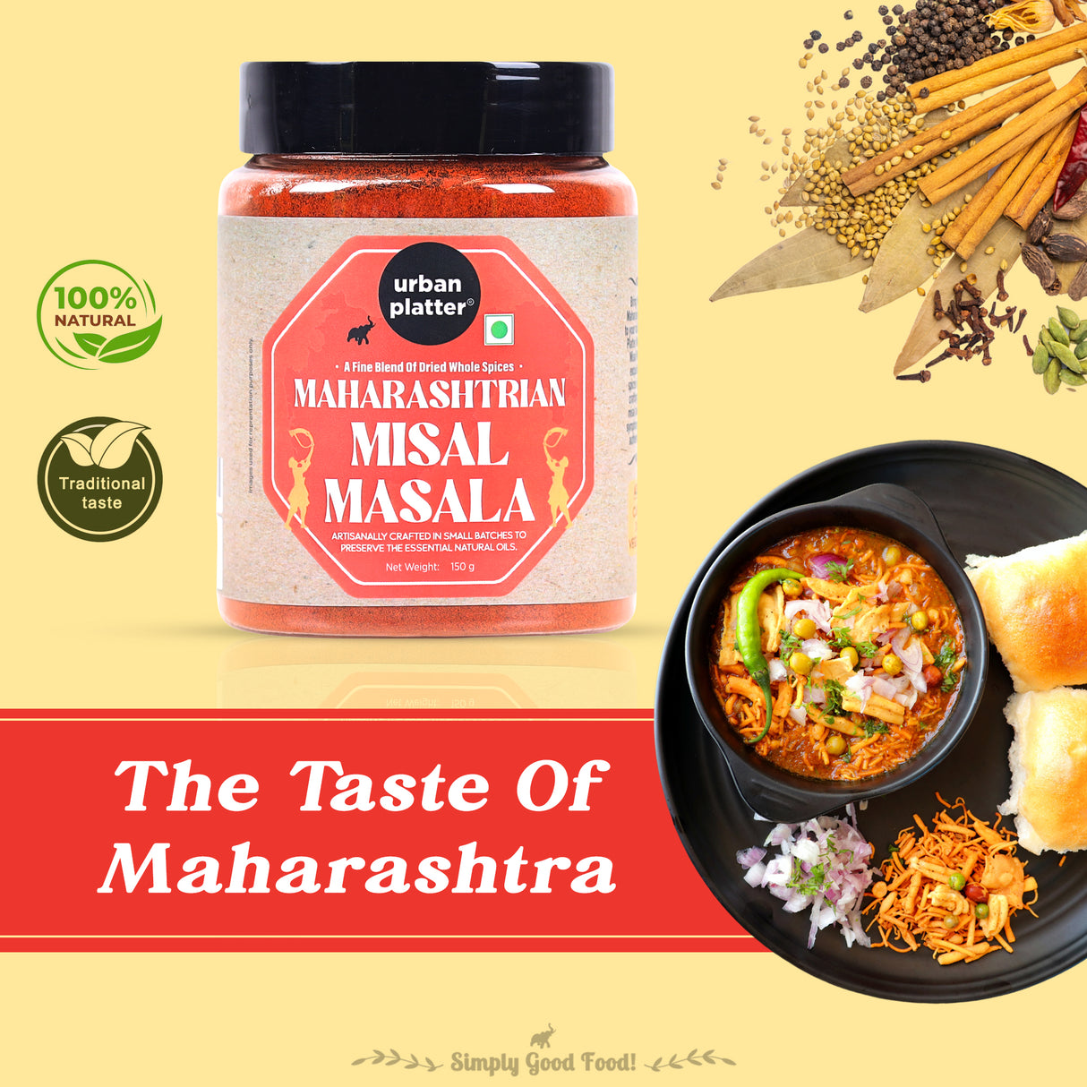 Urban Platter Maharashtrian Misal Masala, 150g (Signature Kolhapuri Misal Blend | Fiery & Hearty Taste | Onion & Garlic-free | Additive & Preservative-free)