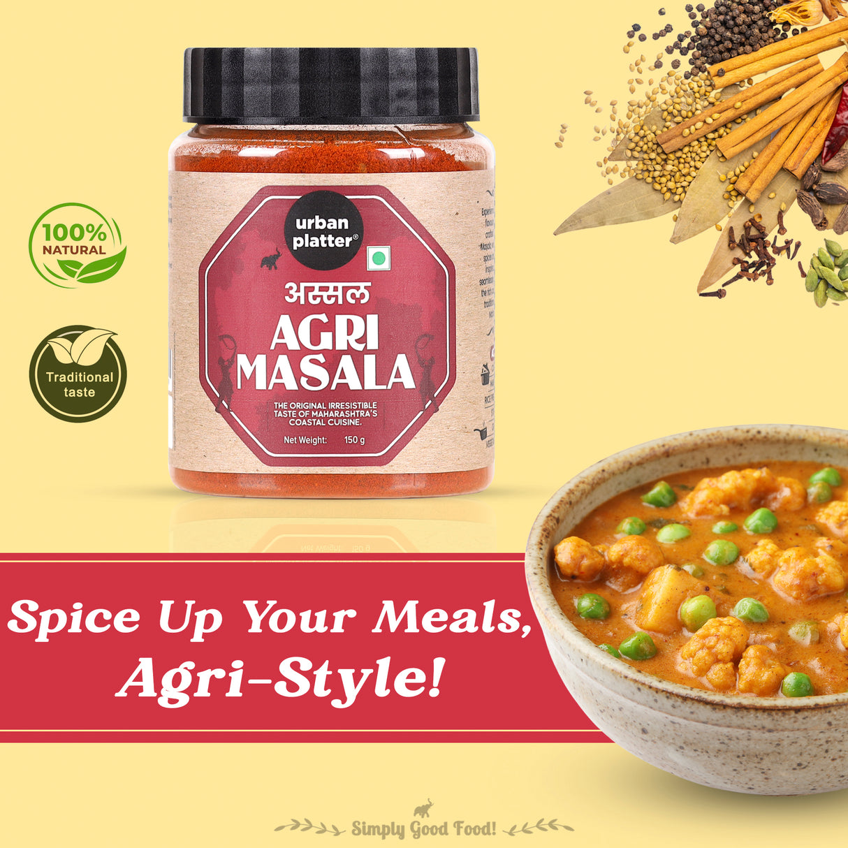 ⁠ ⁠Urban Platter Maharashtrian Agri Masala, 150g (Signature Assal Coastal Agri Blend | Onion & Garlic-free | Additive & Preservative-free)