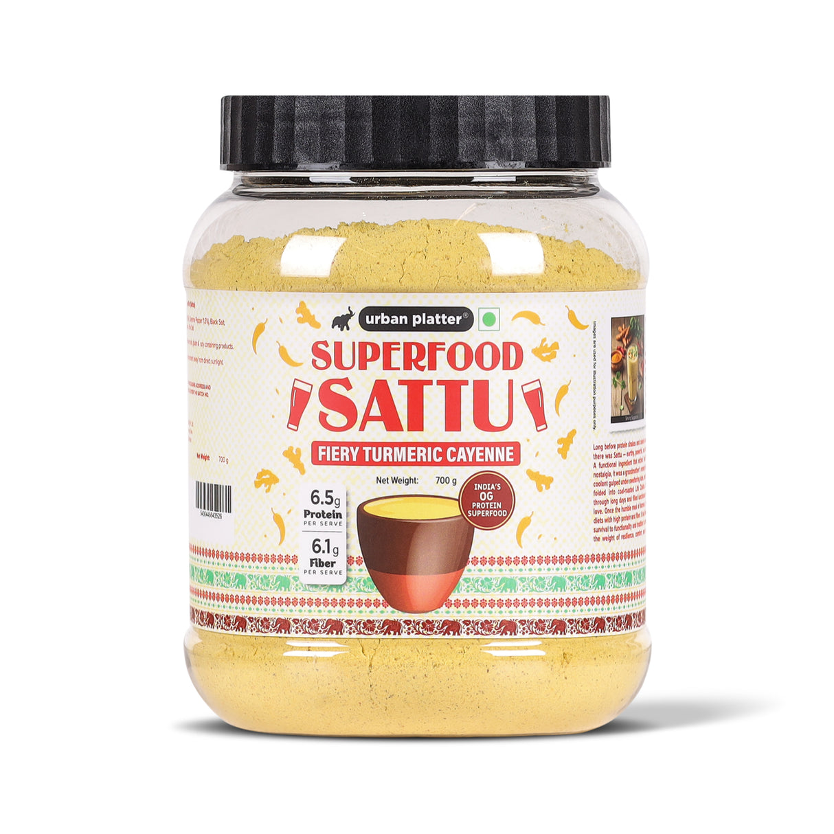Urban Platter Turmeric Cayenne Superfood Sattu, 700g (High Protein & Fibre | Natural Coolant | Mid-Meal Drink | Traditional Plant Protein)