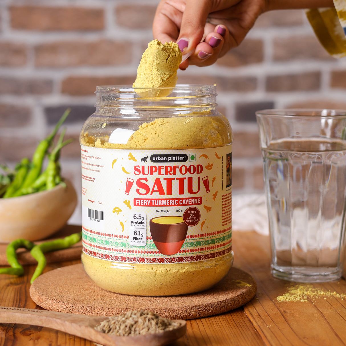 Urban Platter Turmeric Cayenne Superfood Sattu, 700g (High Protein & Fibre | Natural Coolant | Mid-Meal Drink | Traditional Plant Protein)