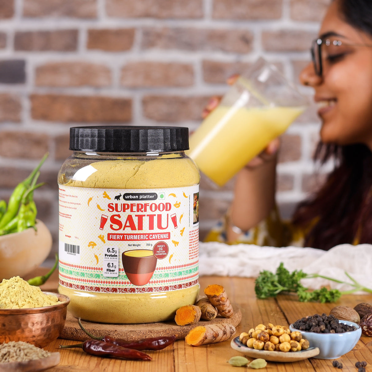 Urban Platter Turmeric Cayenne Superfood Sattu, 700g (High Protein & Fibre | Natural Coolant | Mid-Meal Drink | Traditional Plant Protein)