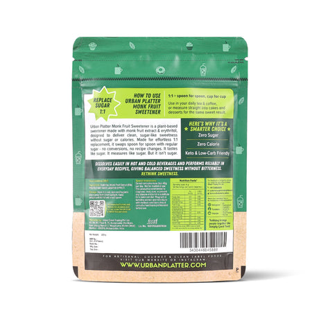 Urban Platter Monk Fruit Sweetener, 200g (Zero Calorie, Keto & Diabetic-Friendly, 1:1 Sugar Replacement, No Aftertaste, Monk Fruit + Erythritol Blend) - product image 2