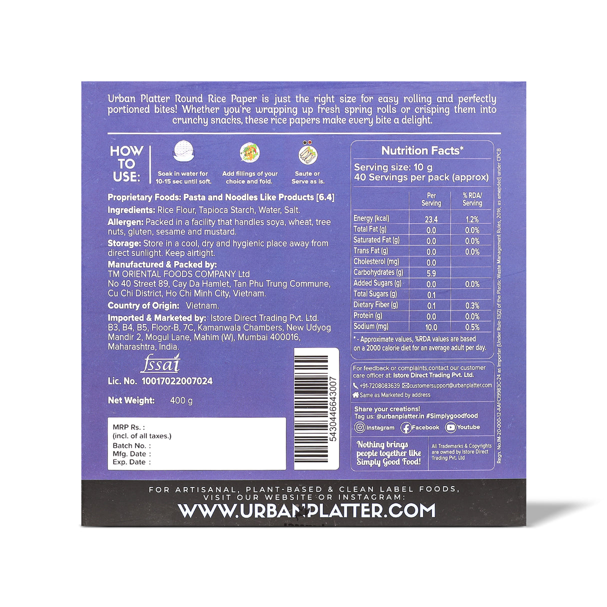 Round Rice Paper Sheets, 400g (Vietnamese Spring Roll Wrappers | Gluten Free | 22 cm Each | 35-40 Sheets per pack)