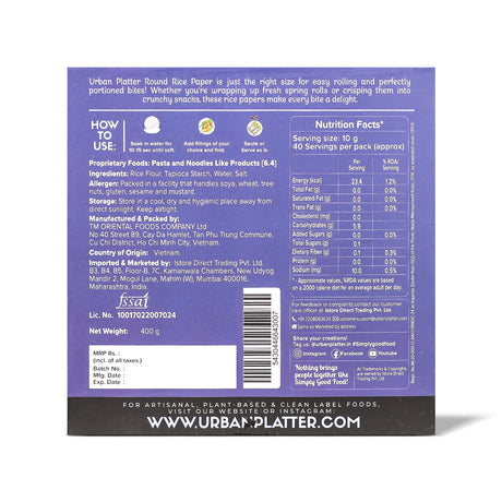 Round Rice Paper Sheets, 400g (Vietnamese Spring Roll Wrappers | Gluten Free | 22 cm Each | 35-40 Sheets per pack)