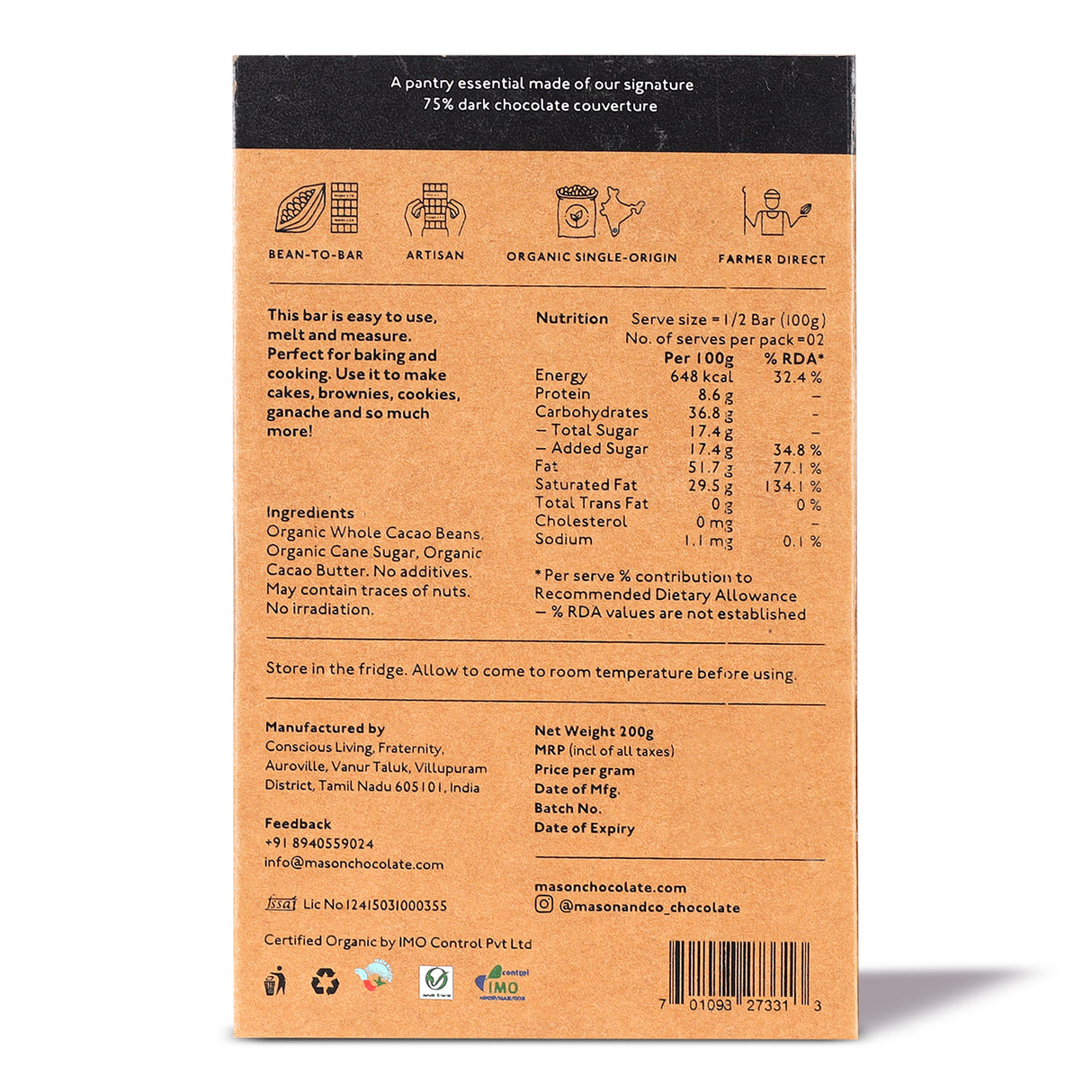 75% Couverture Dark Baking Chocolate, 200g