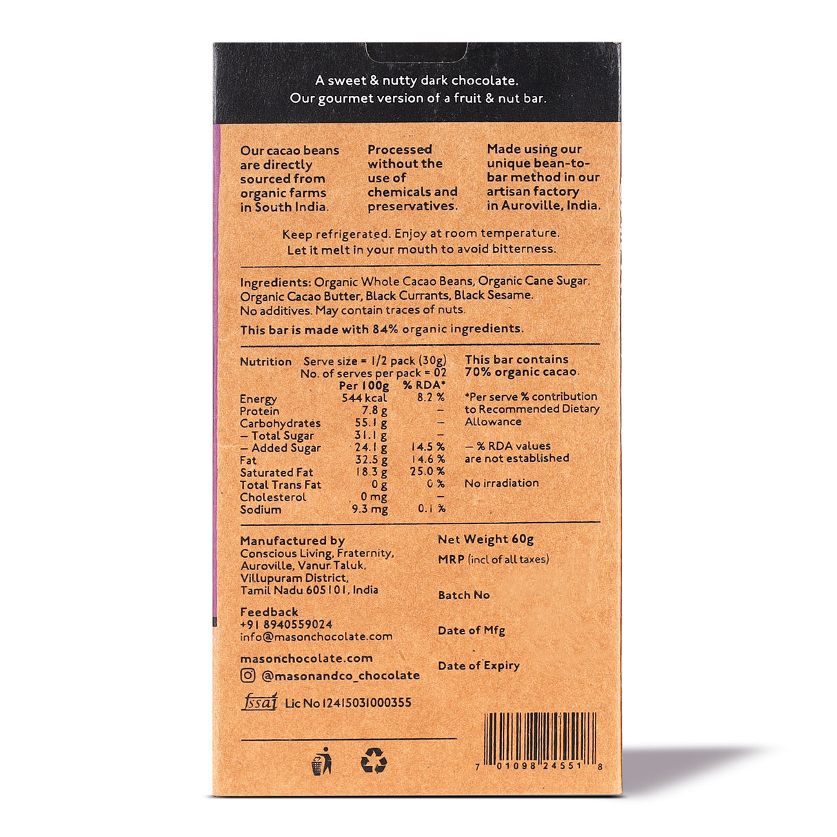 70% Black Sesame & Black Currant Dark Artisanal Chocolate Bar, 60g