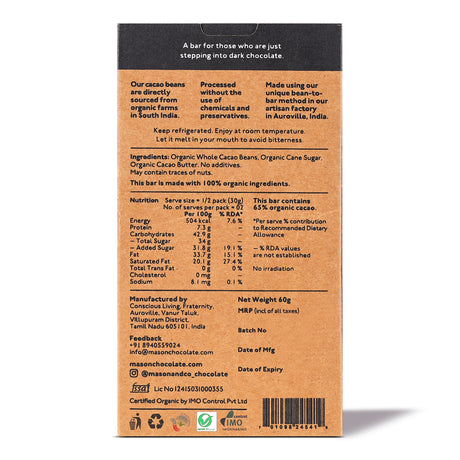 65% Semi-Sweet Dark Organic Exotic Artisanal Chocolate Bar, 60g