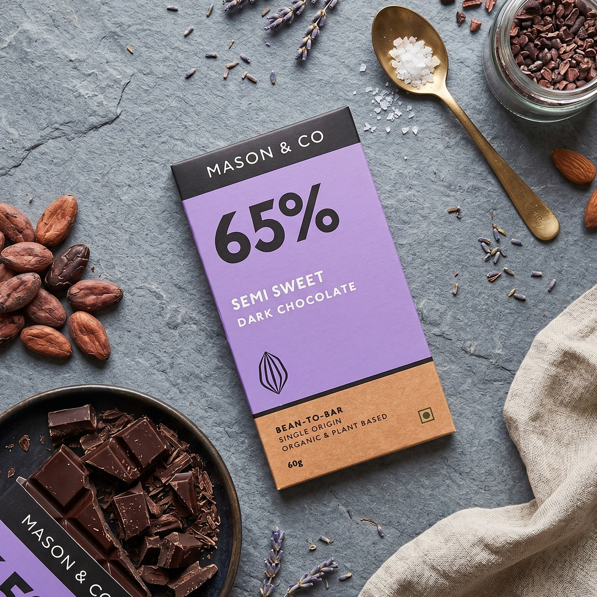 65% Semi-Sweet Dark Organic Exotic Artisanal Chocolate Bar, 60g