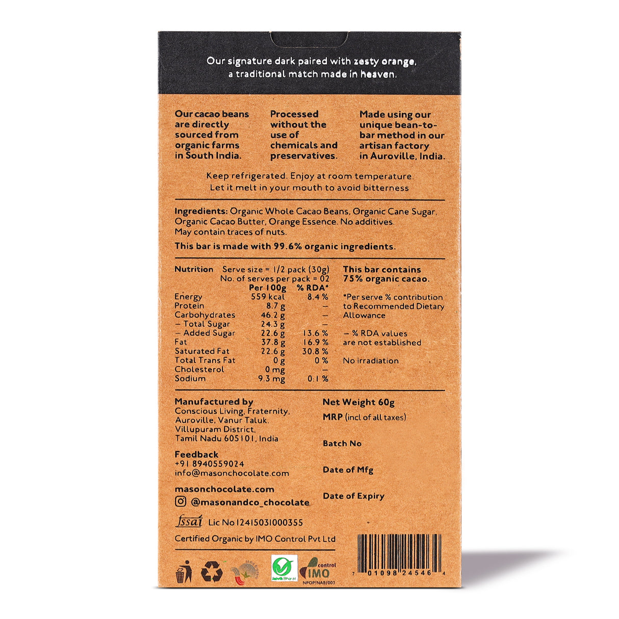 75% Zesty Orange Dark Organic Exotic Artisanal Chocolate, 60g