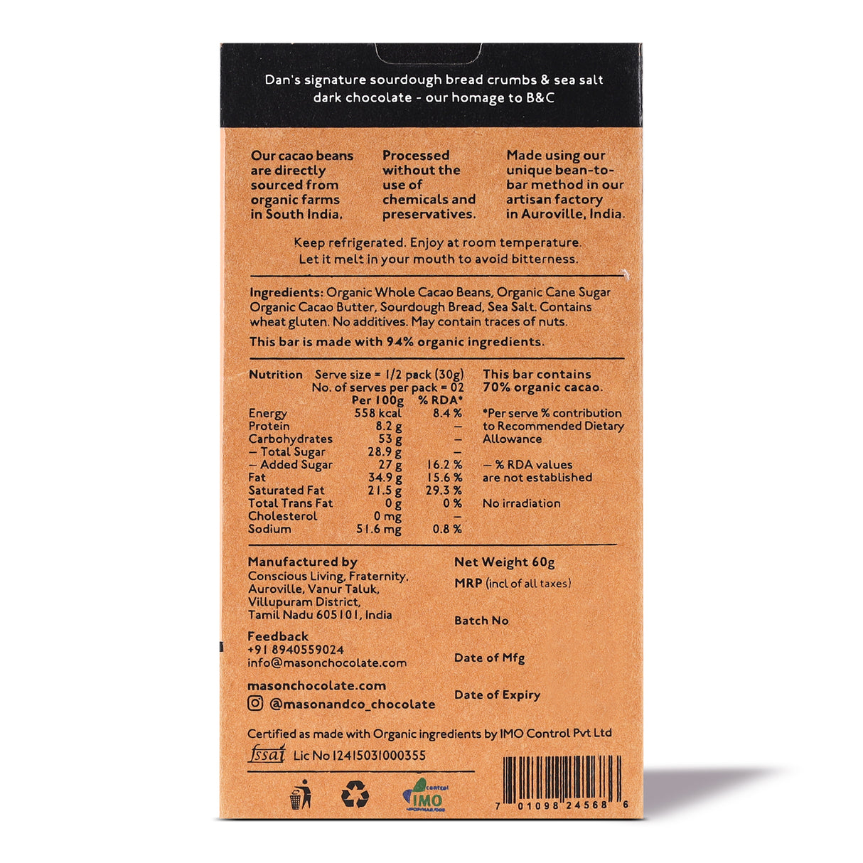 70% Sourdough and Sea Salt Dark Chocolate, 60g
